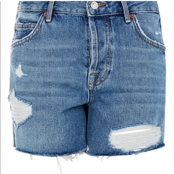 Topshop Ashley Ripped Boyfriend Button Up High Waisted Blue Shorts Holes Raw Hem - Picture 4 of 15